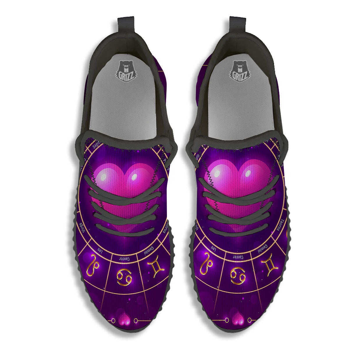 Zodiac Wheel Pink Heart Print Black Walking Shoes-grizzshop