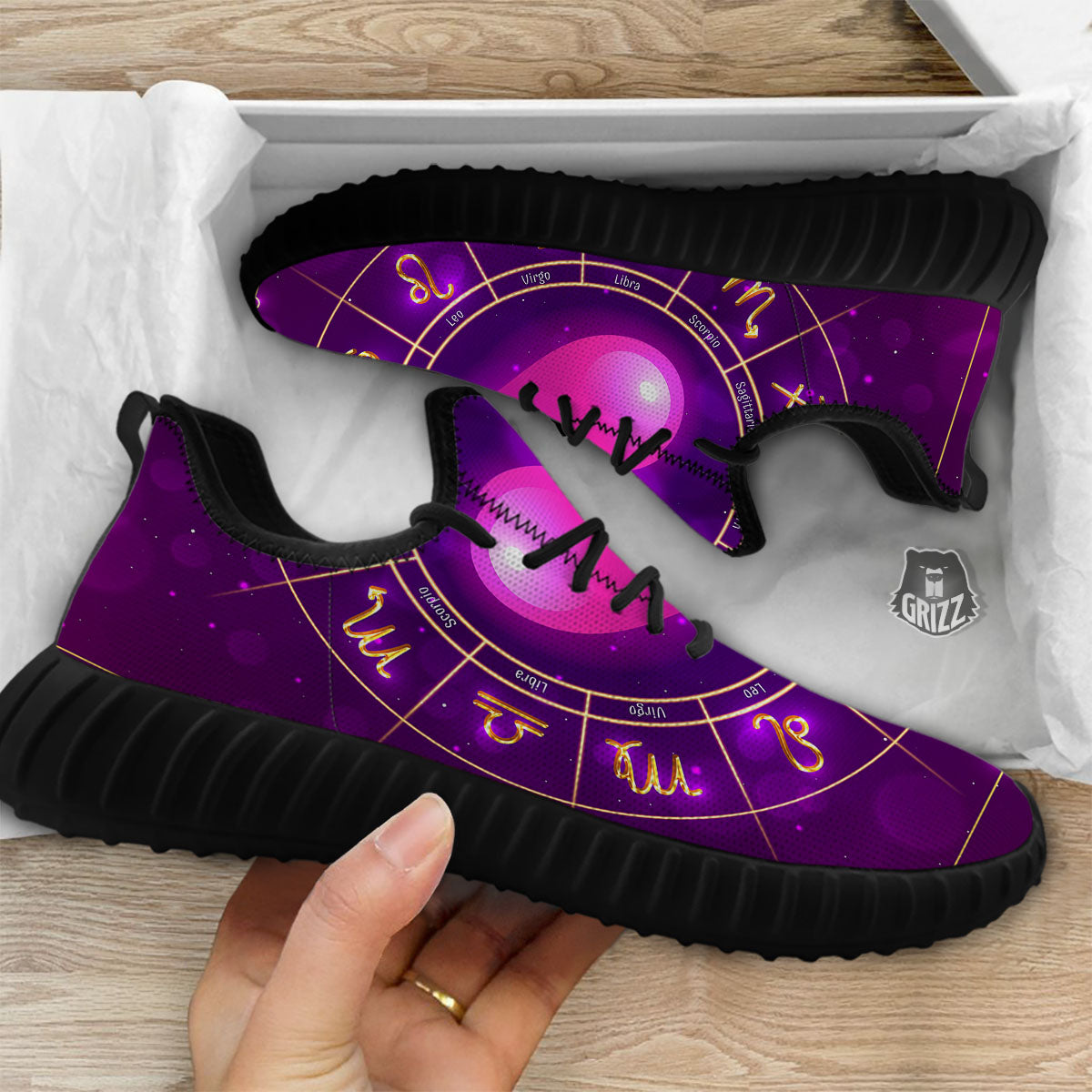 Zodiac Wheel Pink Heart Print Black Walking Shoes-grizzshop