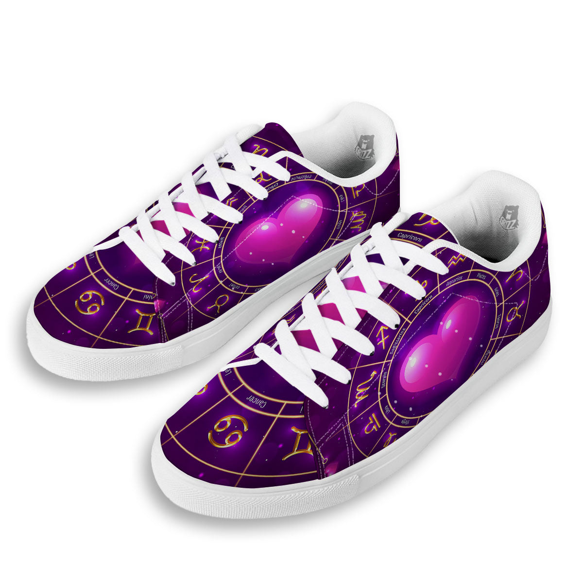 Zodiac Wheel Pink Heart Print White Low Top Sneakers-grizzshop