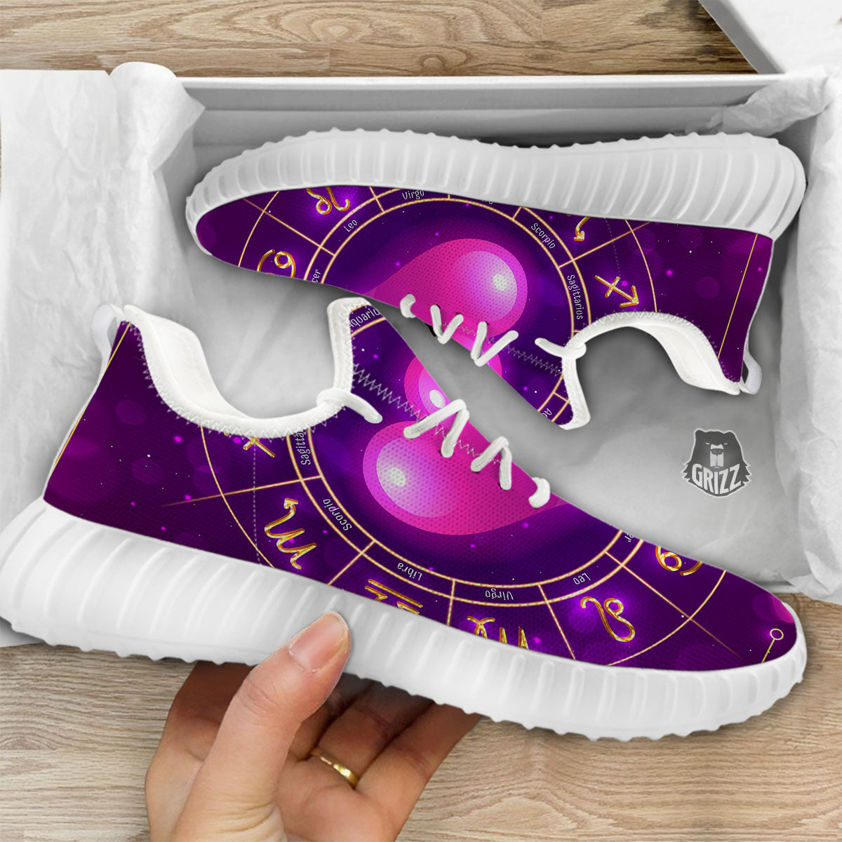 Zodiac Wheel Pink Heart Print White Walking Shoes-grizzshop