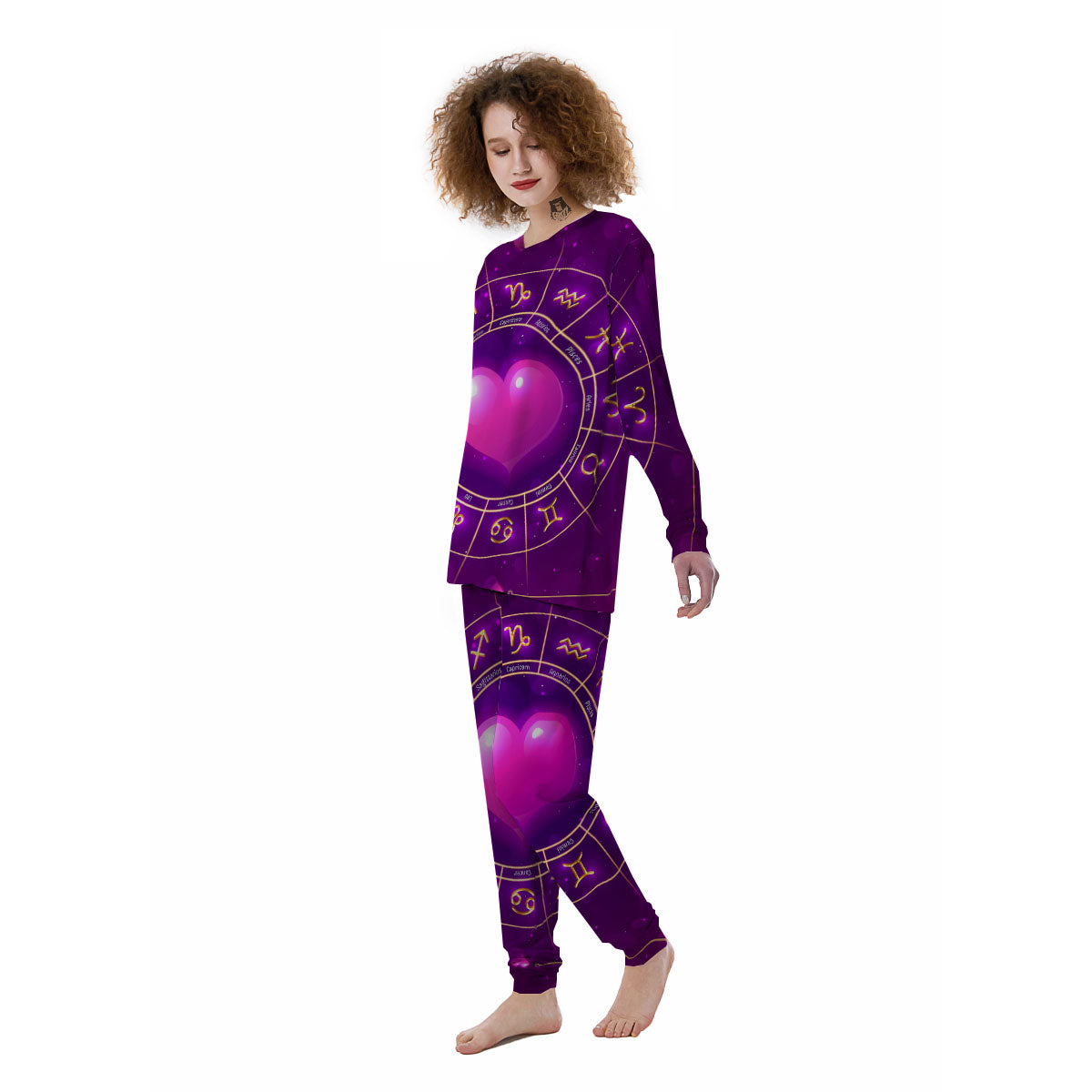Zodiac Wheel Pink Heart Print Women's Pajamas-grizzshop