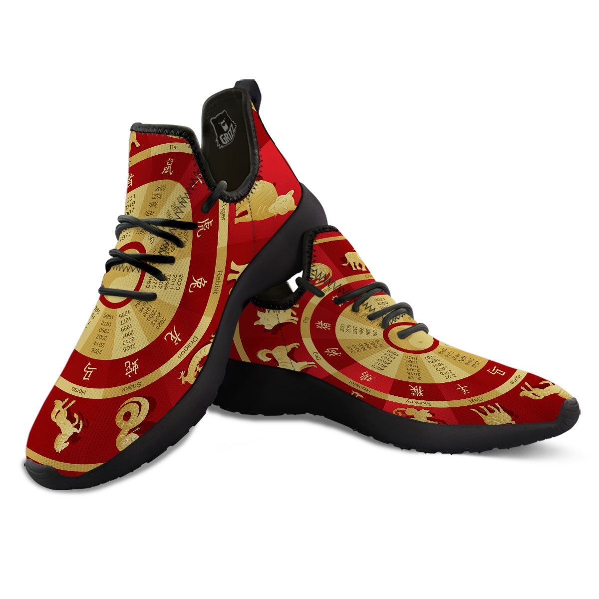 Zodiac Wheel Red Chinese Print Black Athletic Shoes-grizzshop