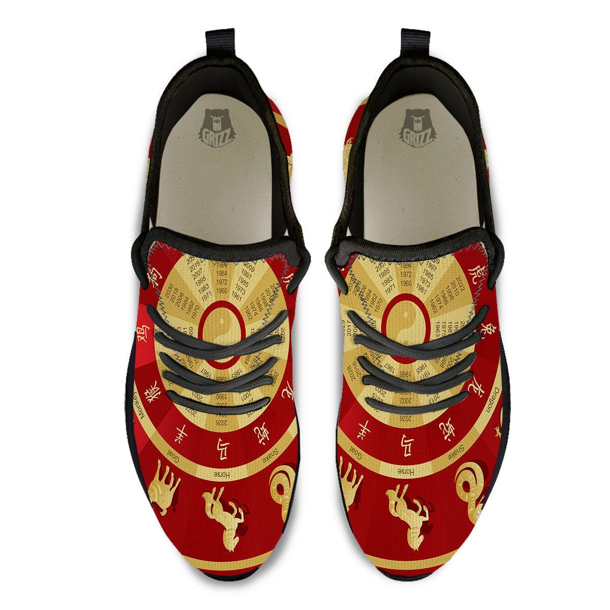 Zodiac Wheel Red Chinese Print Black Athletic Shoes-grizzshop