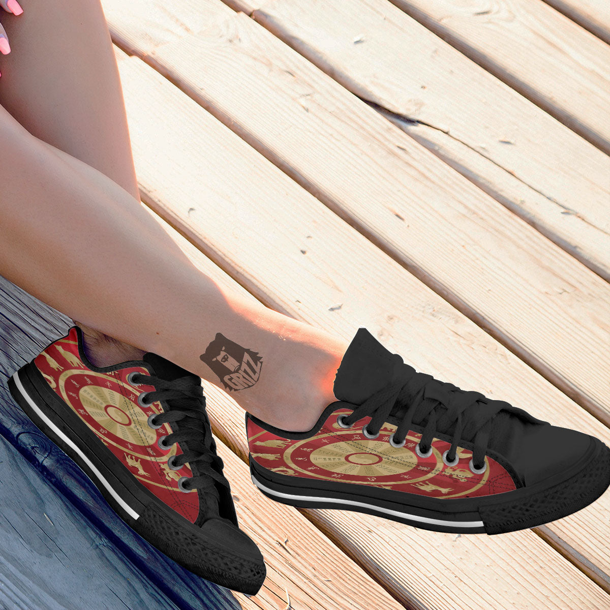 Zodiac Wheel Red Chinese Print Black Low Top Shoes-grizzshop