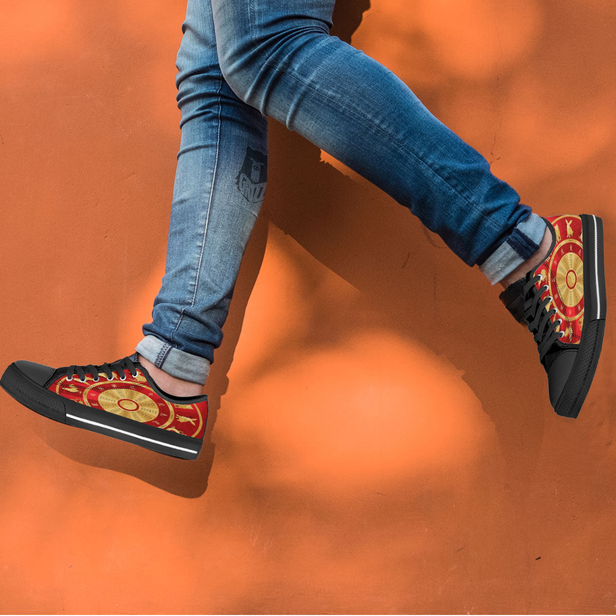 Zodiac Wheel Red Chinese Print Black Low Top Shoes-grizzshop