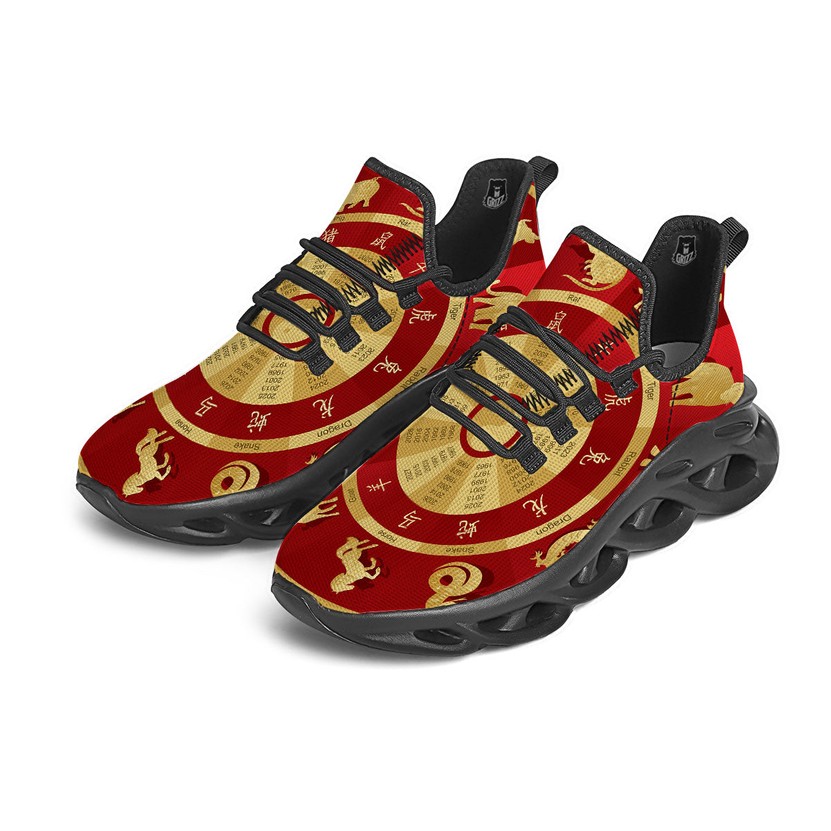 Zodiac Wheel Red Chinese Print Black Running Shoes-grizzshop