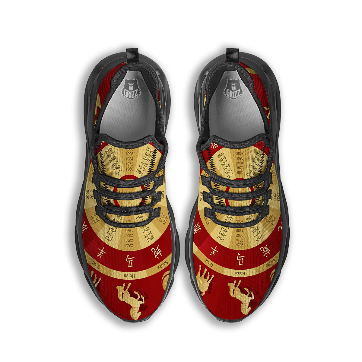 Zodiac Wheel Red Chinese Print Black Running Shoes-grizzshop