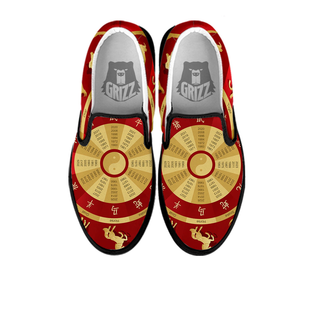 Zodiac Wheel Red Chinese Print Black Slip On Shoes-grizzshop