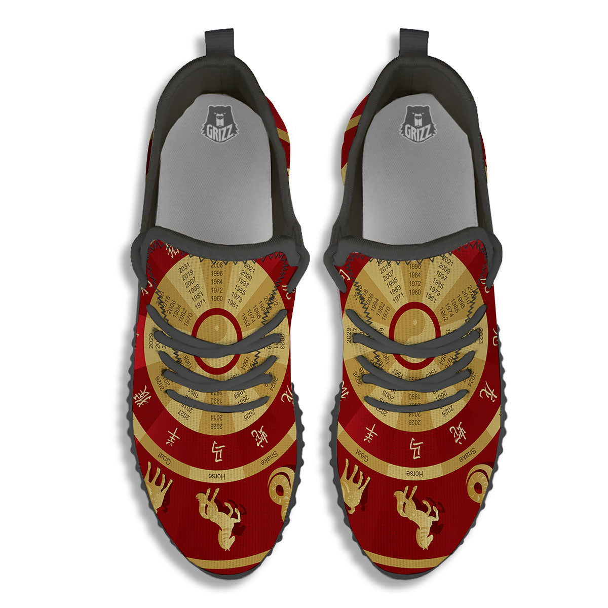 Zodiac Wheel Red Chinese Print Black Walking Shoes-grizzshop