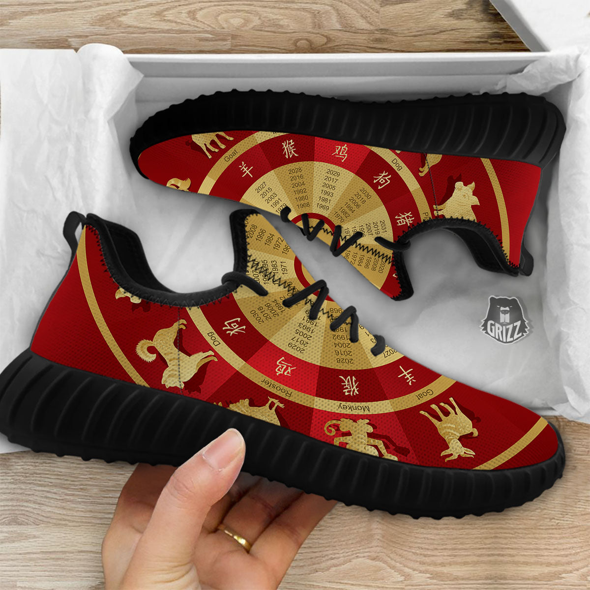 Zodiac Wheel Red Chinese Print Black Walking Shoes-grizzshop