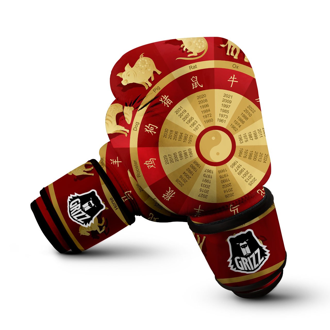 Zodiac Wheel Red Chinese Print Boxing Gloves-grizzshop