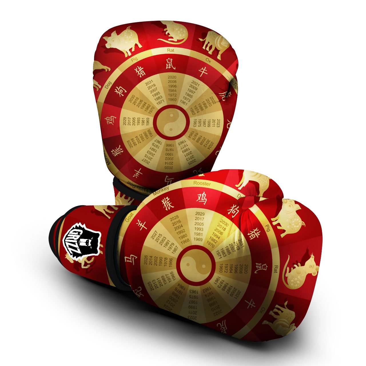 Zodiac Wheel Red Chinese Print Boxing Gloves-grizzshop