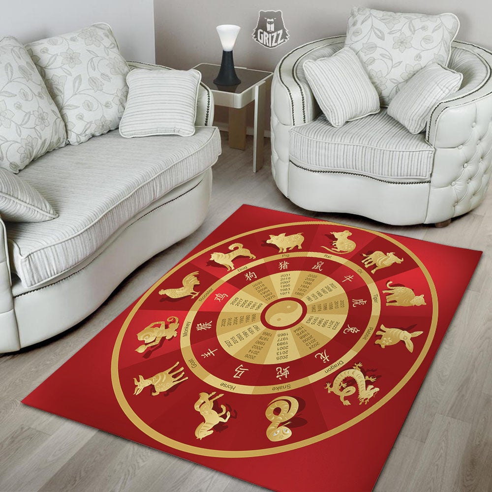 Zodiac Wheel Red Chinese Print Floor Mat-grizzshop