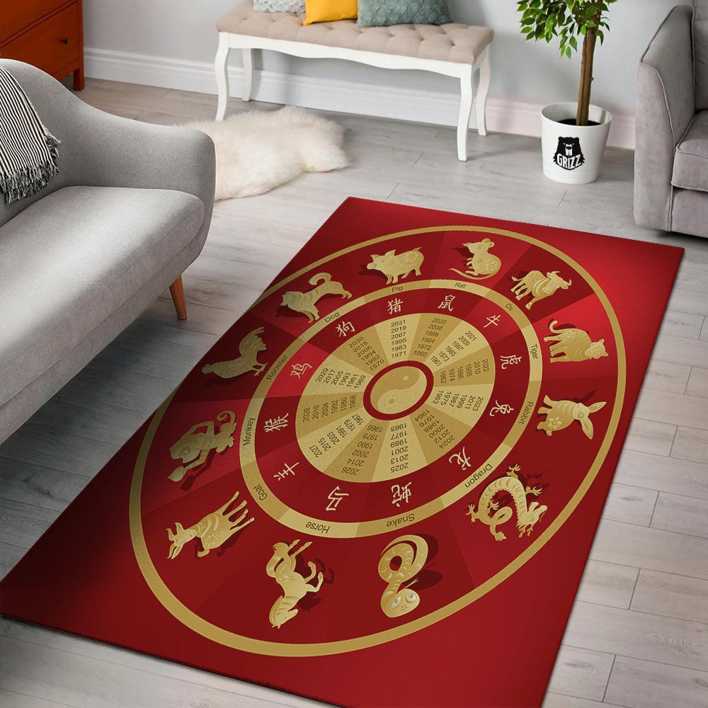 Zodiac Wheel Red Chinese Print Floor Mat-grizzshop
