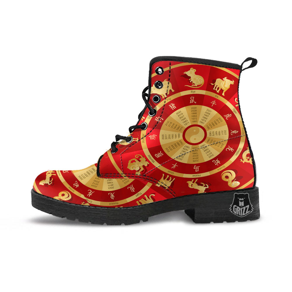 Zodiac Wheel Red Chinese Print Leather Boots-grizzshop