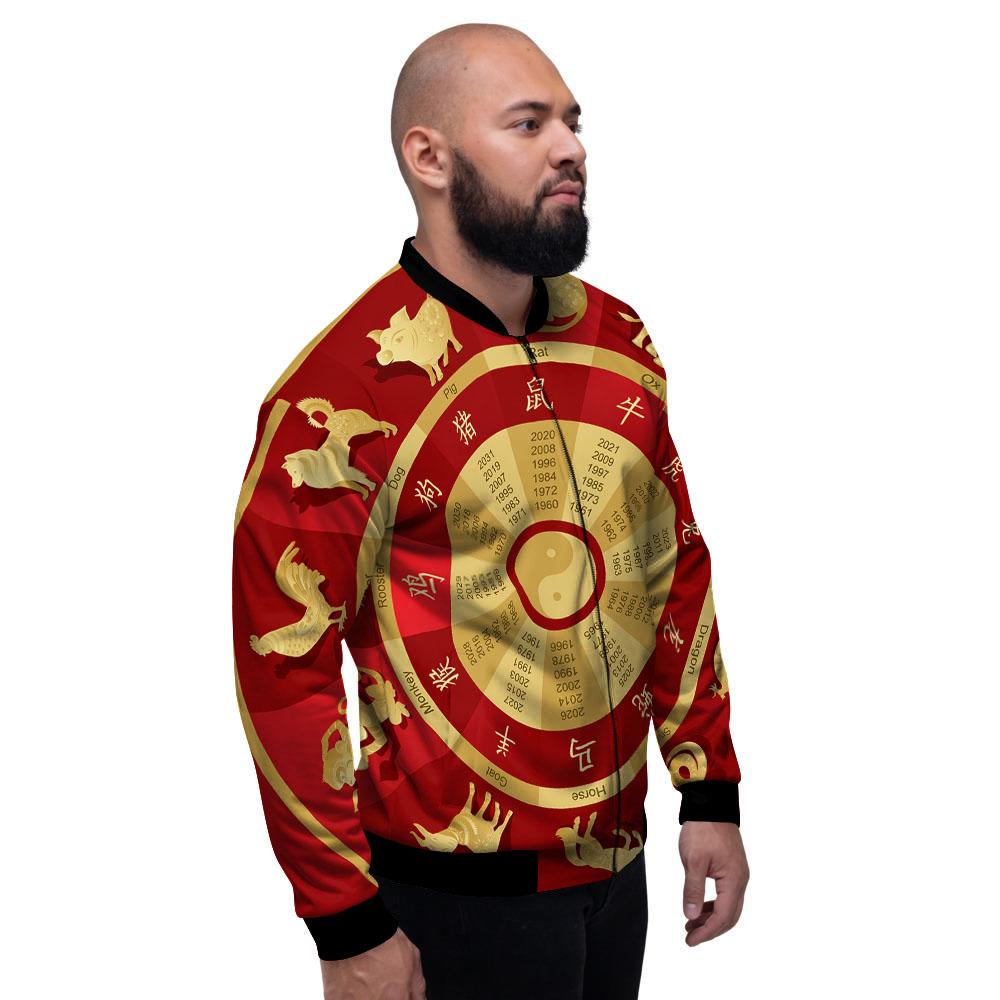 Zodiac Wheel Red Chinese Print Men's Bomber Jacket-grizzshop
