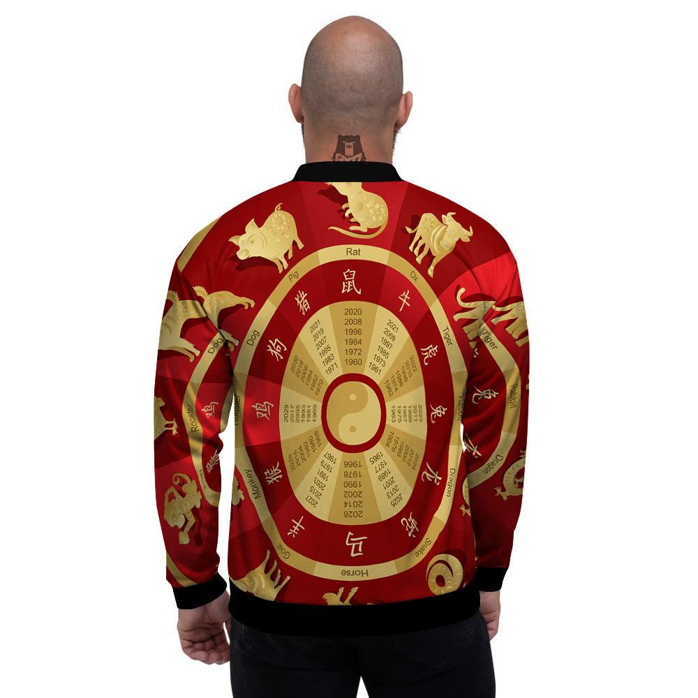 Zodiac Wheel Red Chinese Print Men's Bomber Jacket-grizzshop