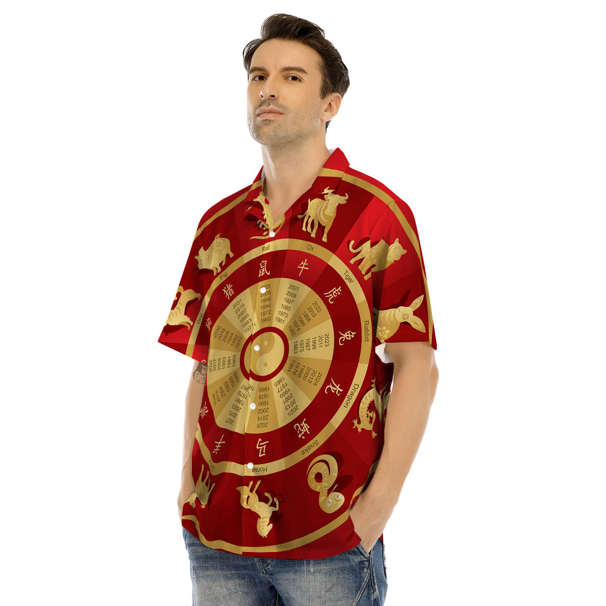 Zodiac Wheel Red Chinese Print Men's Hawaiian Shirt-grizzshop
