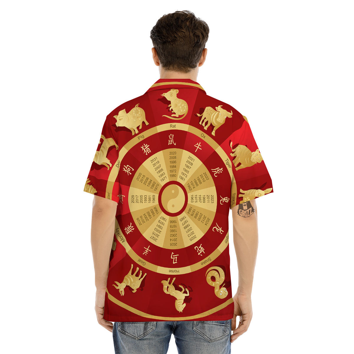 Zodiac Wheel Red Chinese Print Men's Hawaiian Shirt-grizzshop