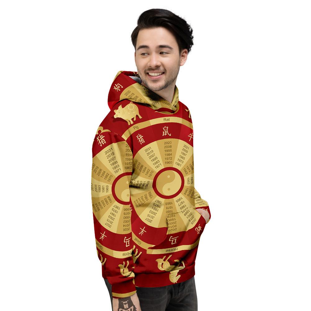 Zodiac Wheel Red Chinese Print Men's Hoodie-grizzshop