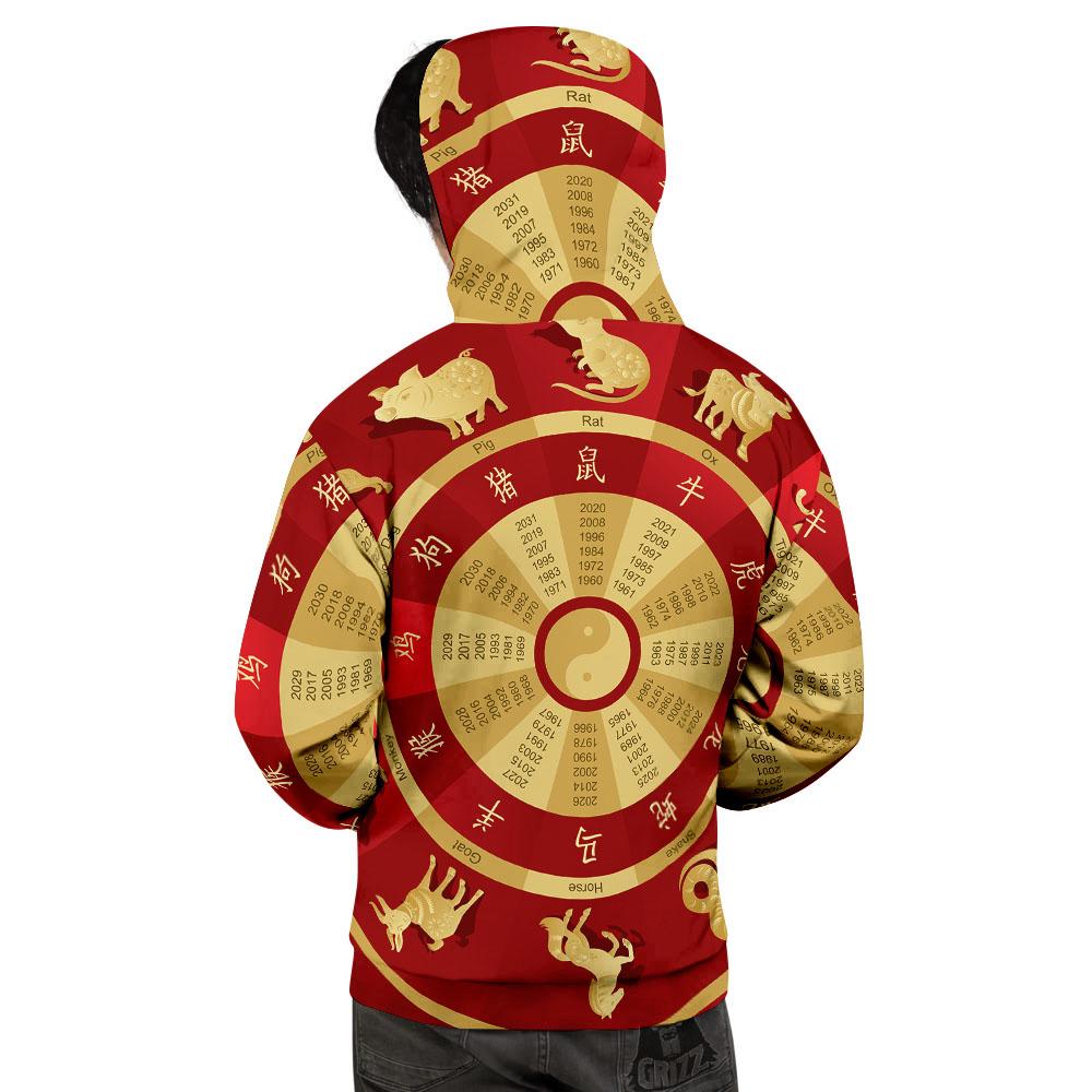 Zodiac Wheel Red Chinese Print Men's Hoodie-grizzshop