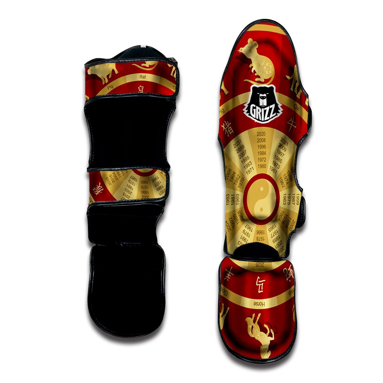 Zodiac Wheel Red Chinese Print Muay Thai Shin Guards-grizzshop