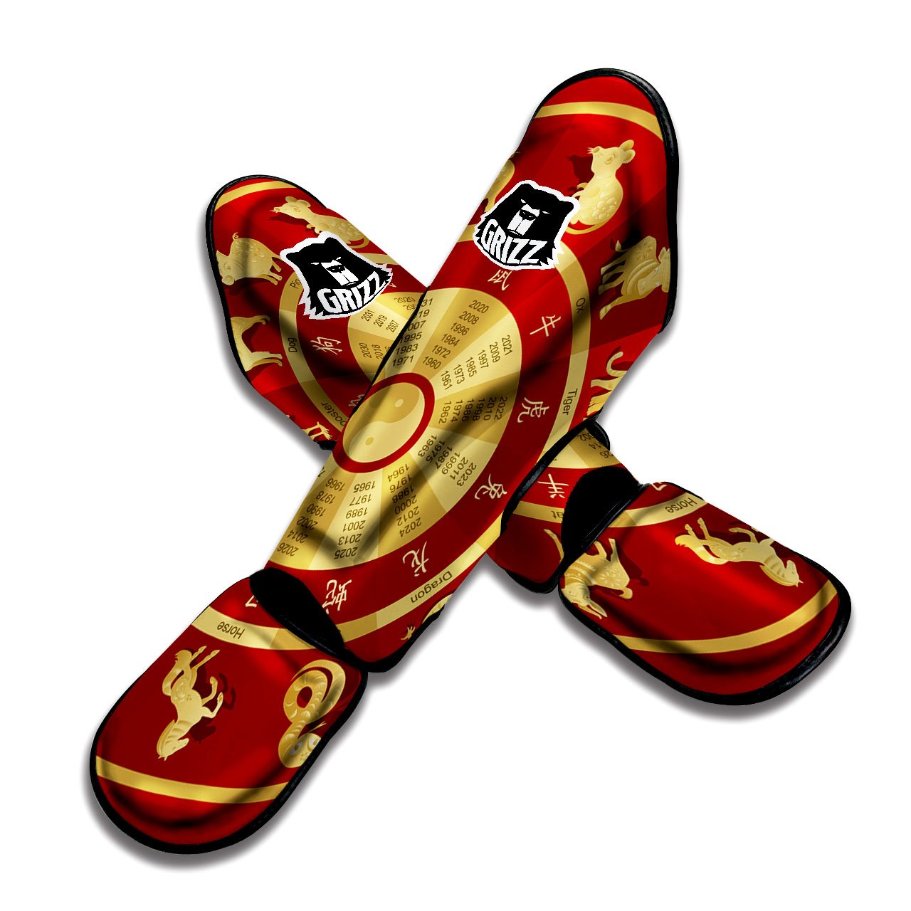 Zodiac Wheel Red Chinese Print Muay Thai Shin Guards-grizzshop