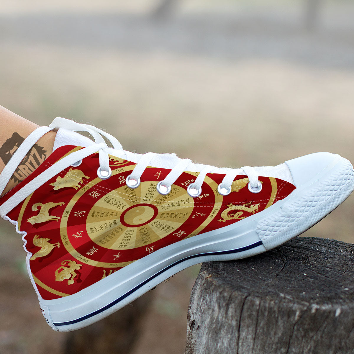 Zodiac Wheel Red Chinese Print White High Top Shoes-grizzshop