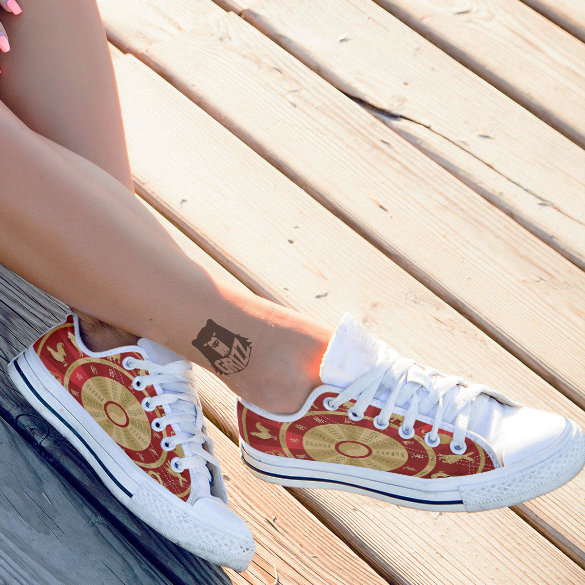 Zodiac Wheel Red Chinese Print White Low Top Shoes-grizzshop