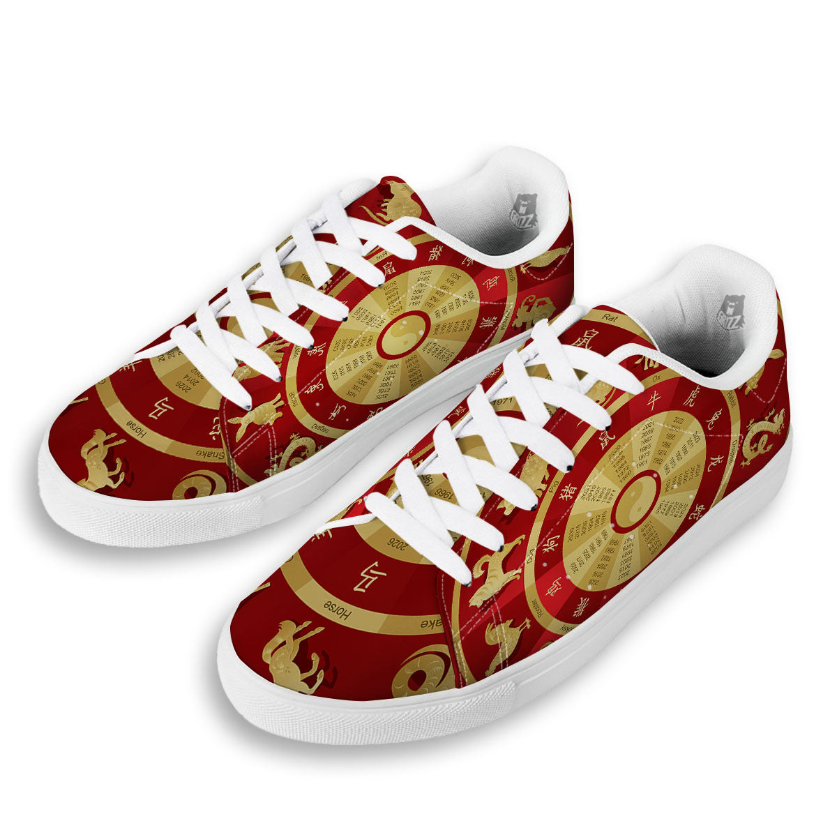 Zodiac Wheel Red Chinese Print White Low Top Sneakers-grizzshop