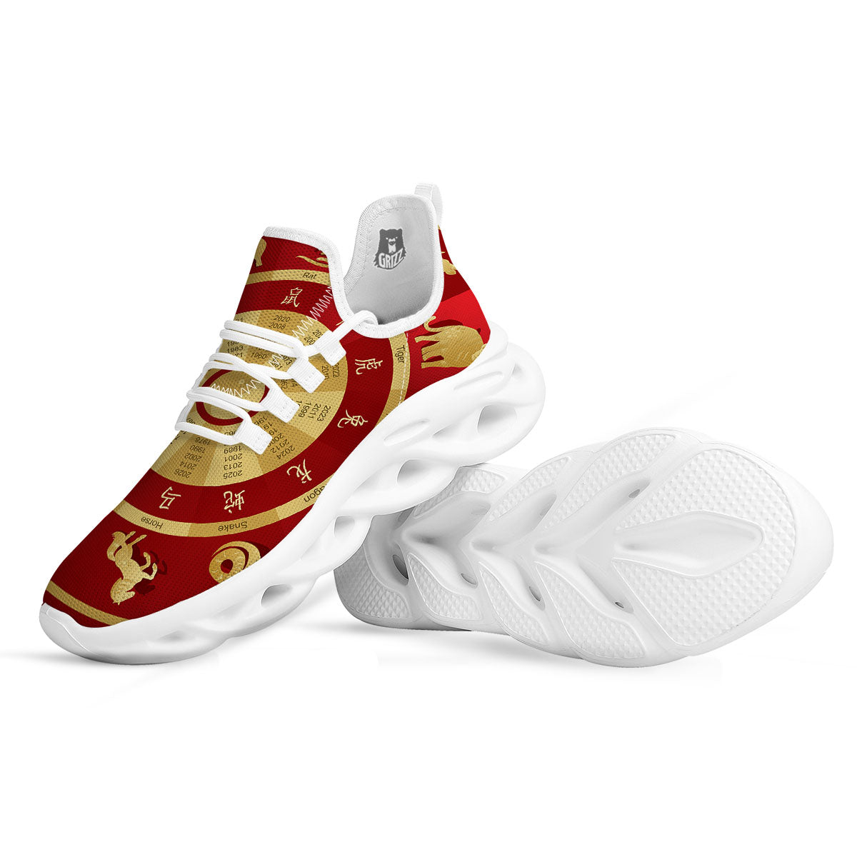 Zodiac Wheel Red Chinese Print White Running Shoes-grizzshop