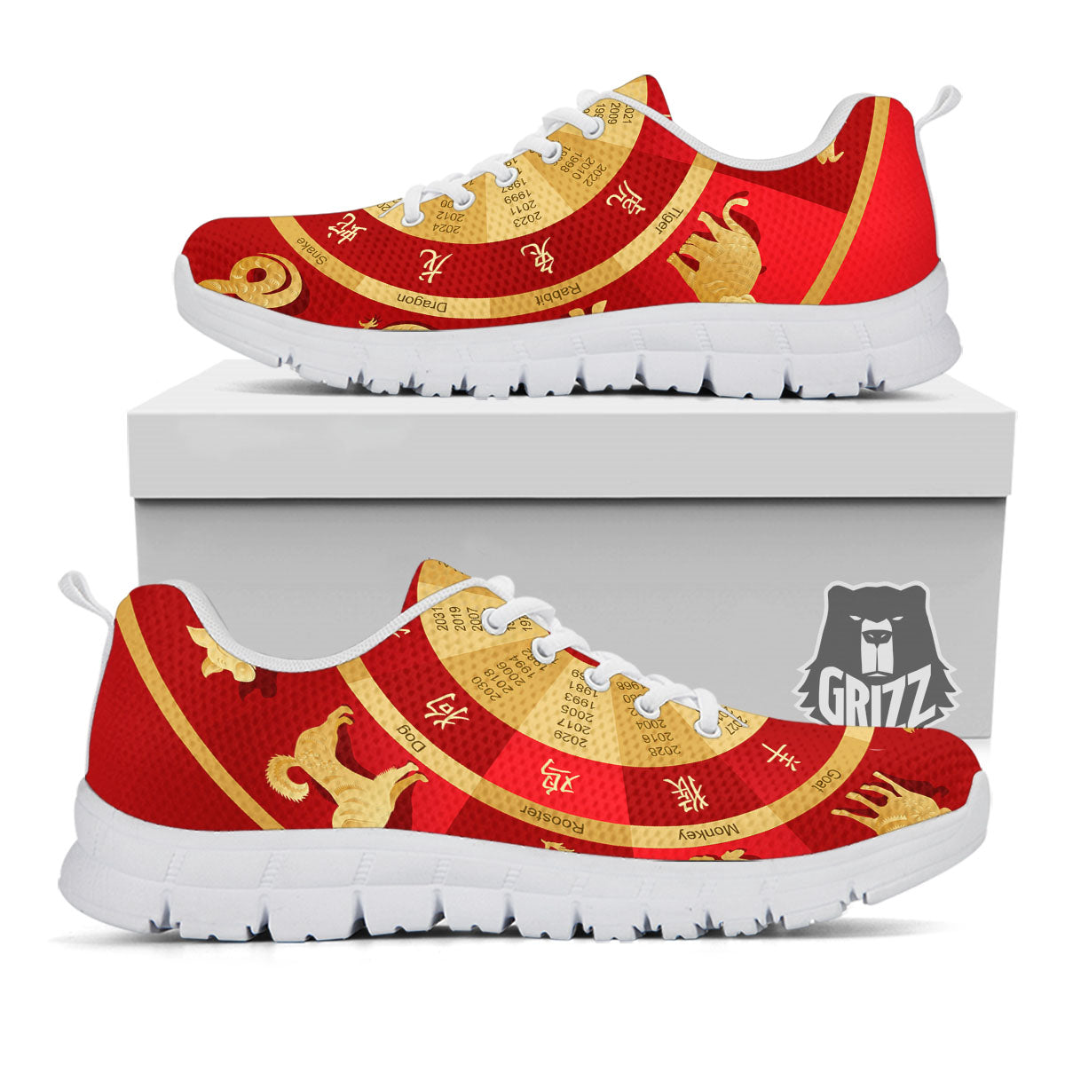 Zodiac Wheel Red Chinese Print White Sneaker-grizzshop