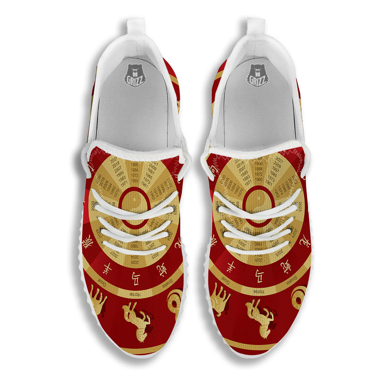 Zodiac Wheel Red Chinese Print White Walking Shoes-grizzshop