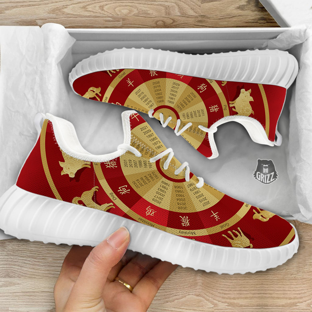 Zodiac Wheel Red Chinese Print White Walking Shoes-grizzshop