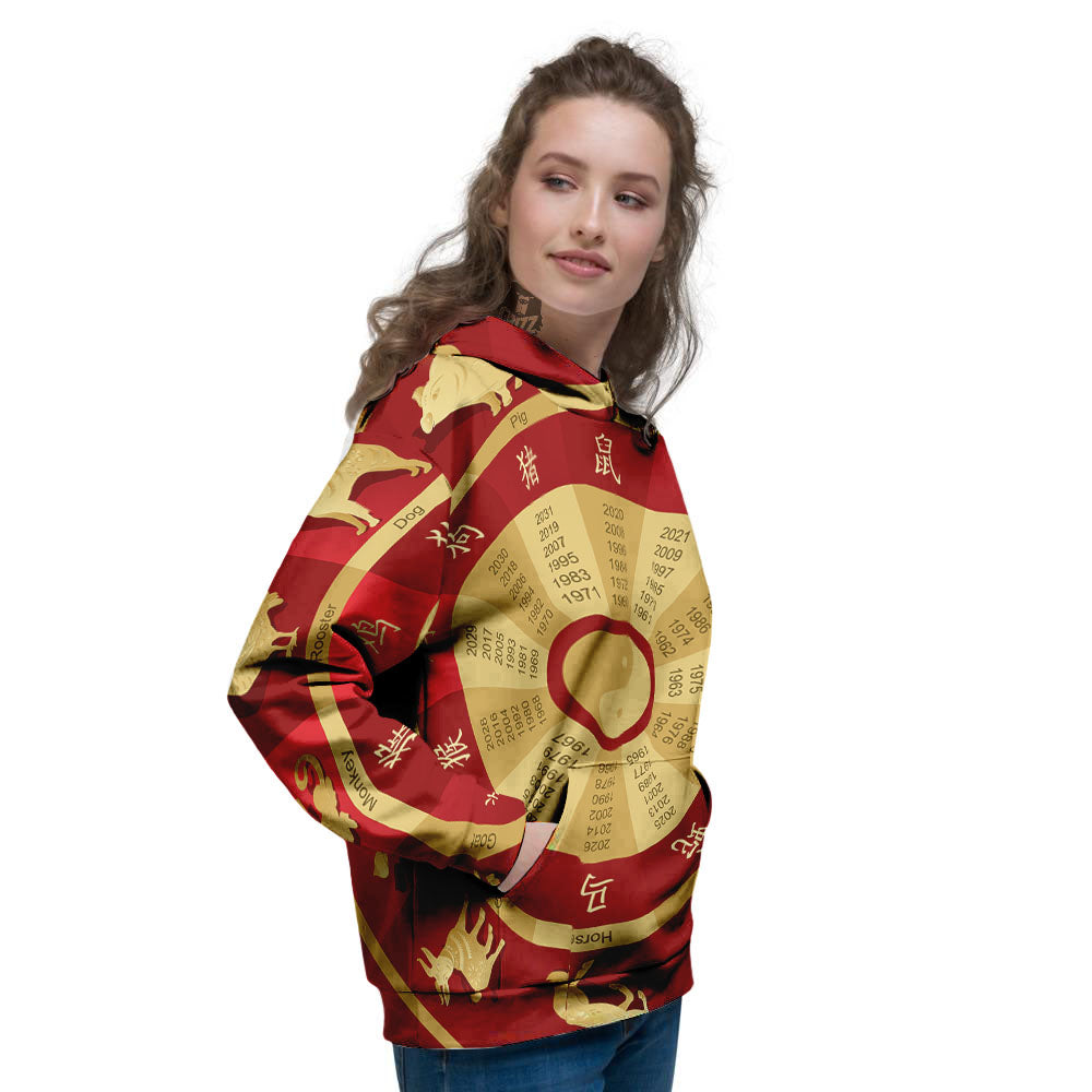 Zodiac Wheel Red Chinese Print Women's Hoodie-grizzshop