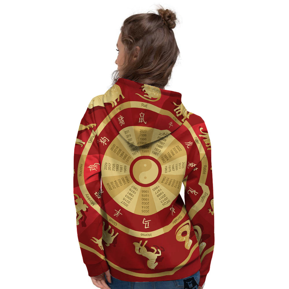 Zodiac Wheel Red Chinese Print Women's Hoodie-grizzshop