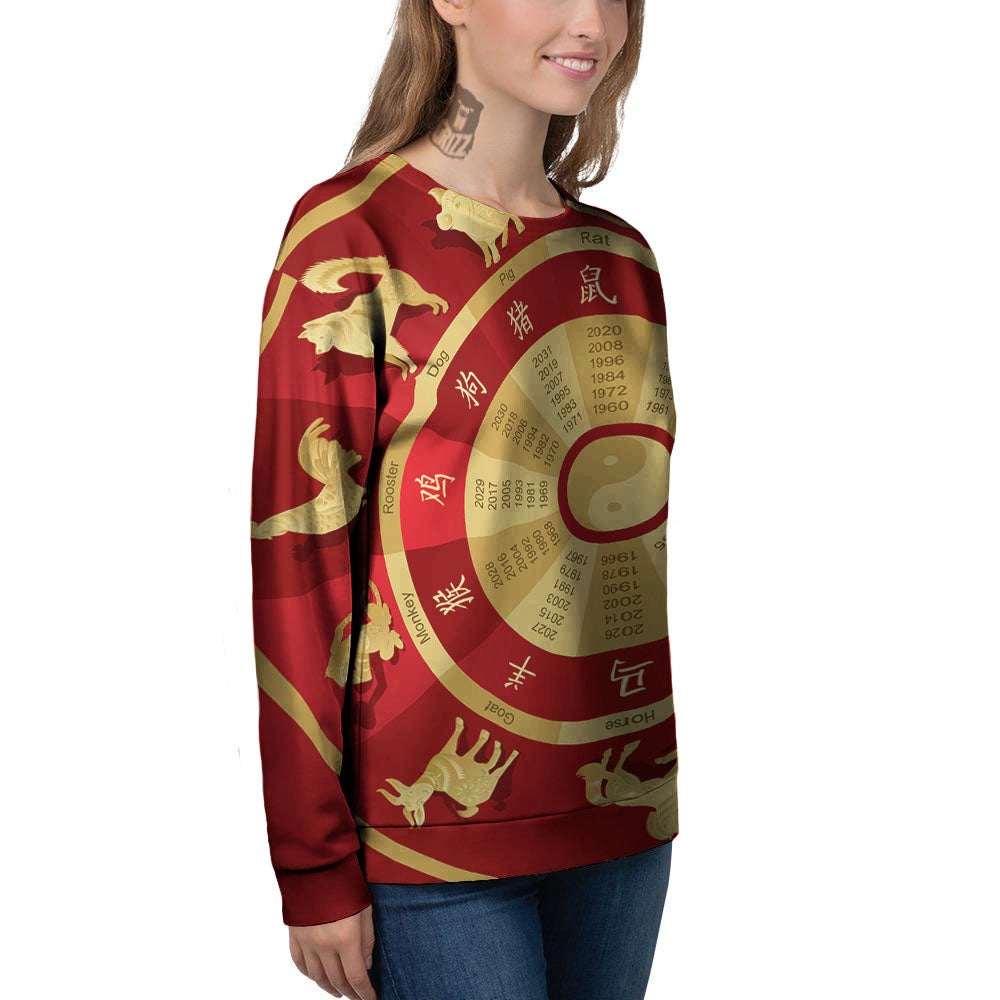 Zodiac Wheel Red Chinese Print Women's Sweatshirt-grizzshop