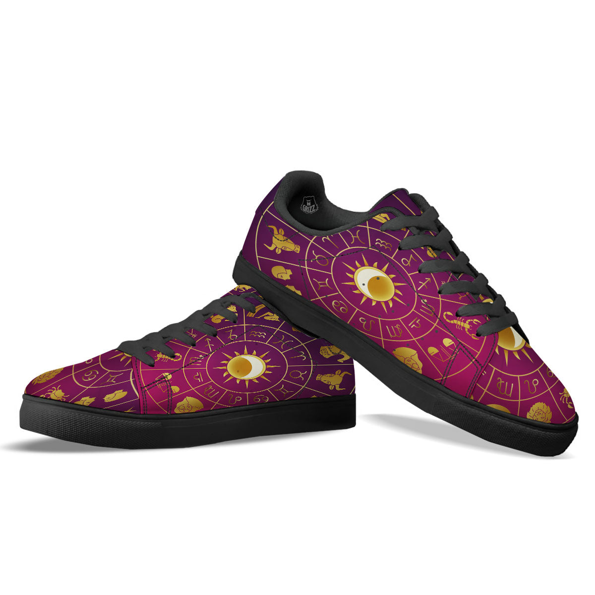 Zodiac Wheel Symbols Print Black Low Top Sneakers-grizzshop