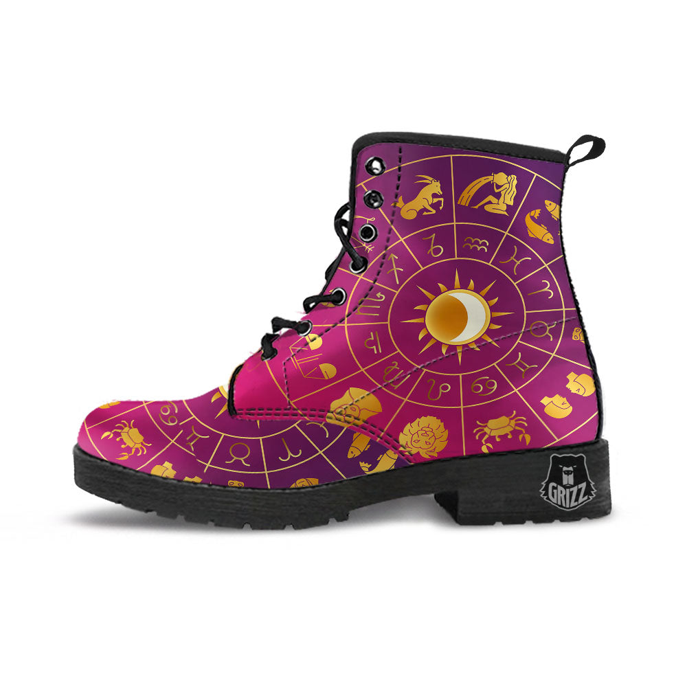 Zodiac Wheel Symbols Print Leather Boots-grizzshop