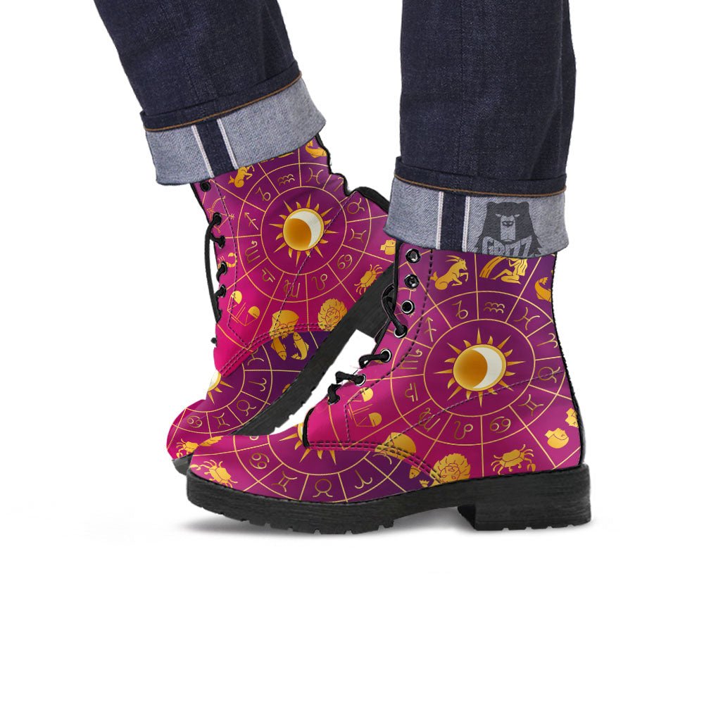 Zodiac Wheel Symbols Print Leather Boots-grizzshop