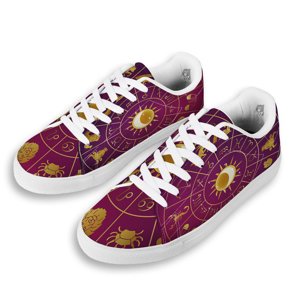 Zodiac Wheel Symbols Print White Low Top Sneakers-grizzshop