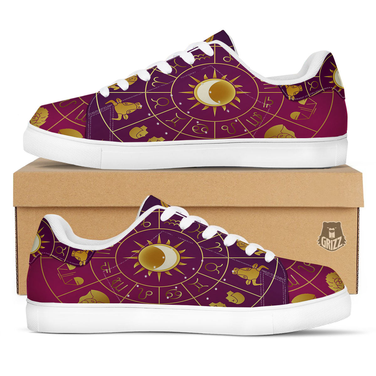 Zodiac Wheel Symbols Print White Low Top Sneakers-grizzshop