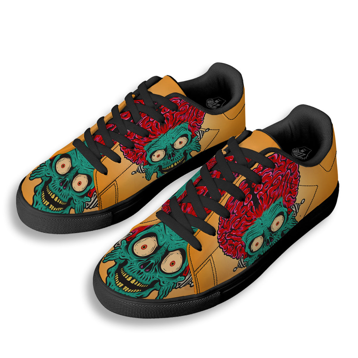Zombie Big Brain Print Black Low Top Sneakers-grizzshop