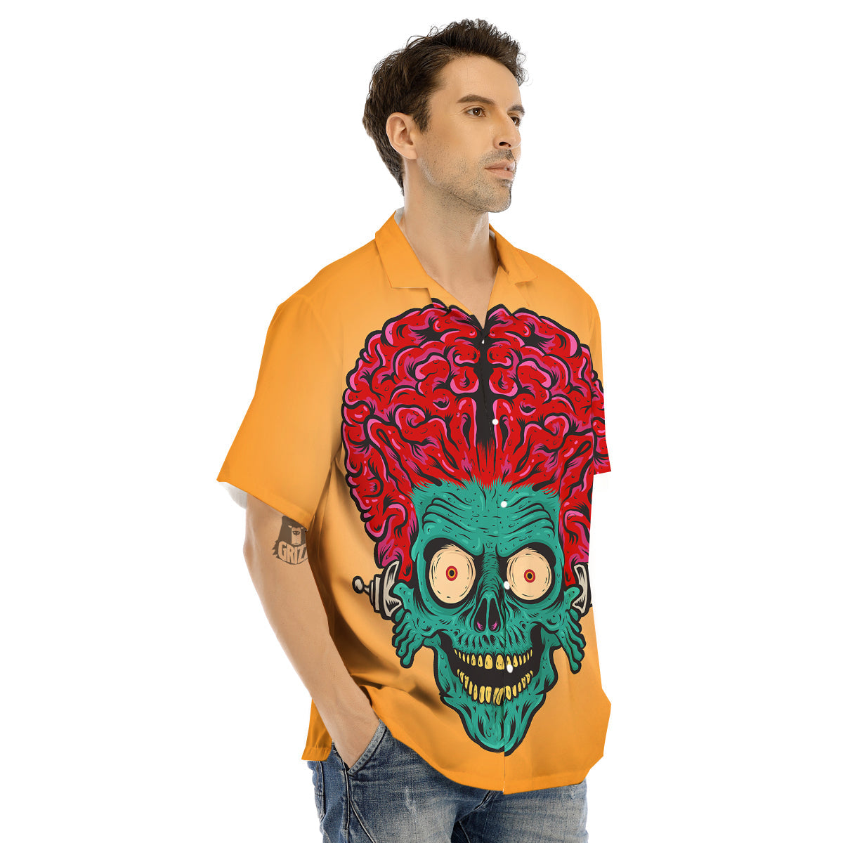Zombie Big Brain Print Men's Hawaiian Shirt-grizzshop