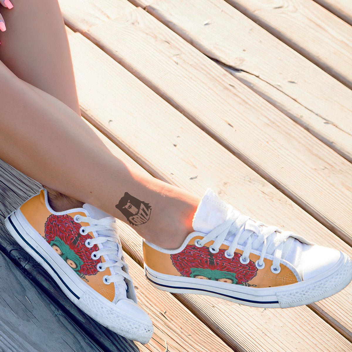 Zombie Big Brain Print White Low Top Shoes-grizzshop