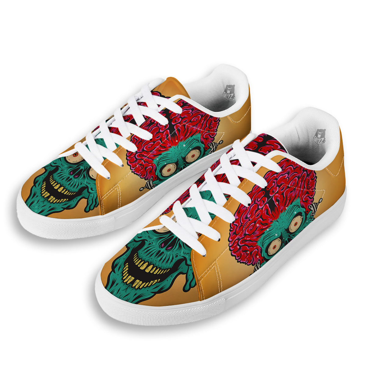 Zombie Big Brain Print White Low Top Sneakers-grizzshop