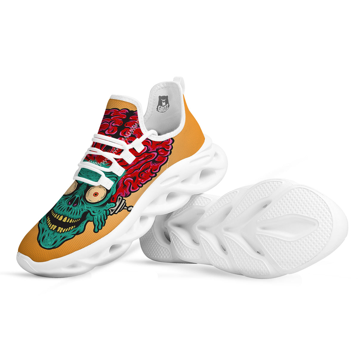 Zombie Big Brain Print White Running Shoes-grizzshop