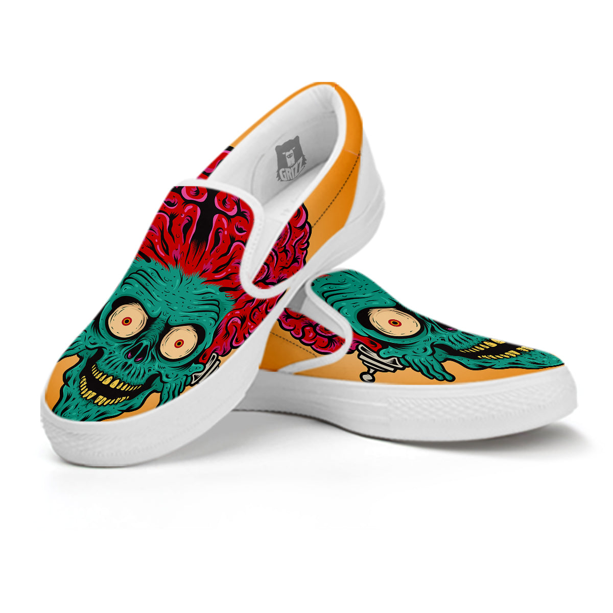 Zombie Big Brain Print White Slip On Shoes-grizzshop