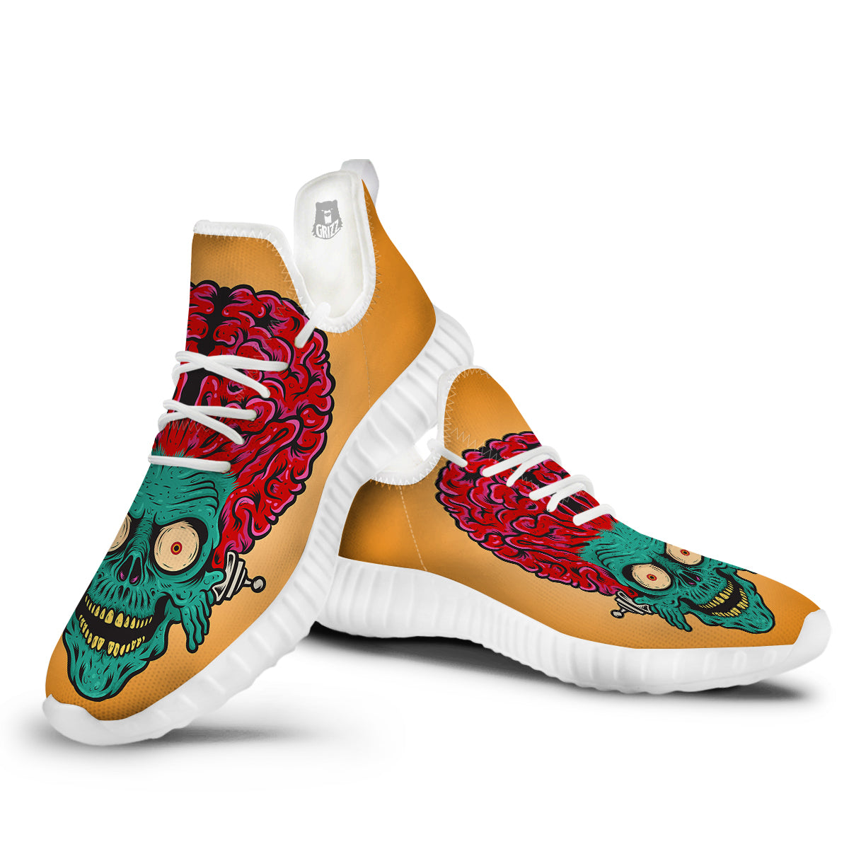 Zombie Big Brain Print White Walking Shoes-grizzshop