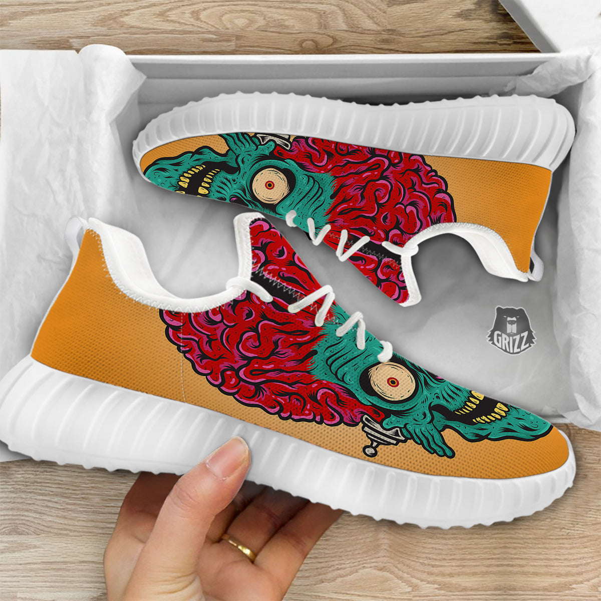 Zombie Big Brain Print White Walking Shoes-grizzshop